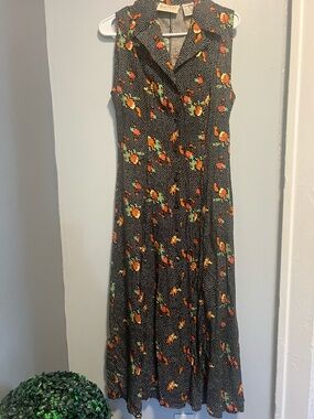 Sleeveless Maxi Dress in Black with Orange Floral Print